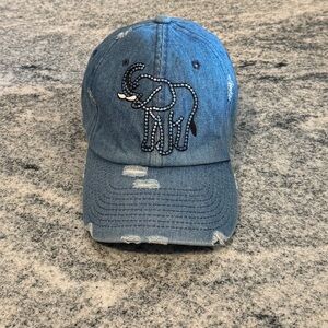 New Custom Designed Blue Distressed Baseball Cap with Studded Elephant
